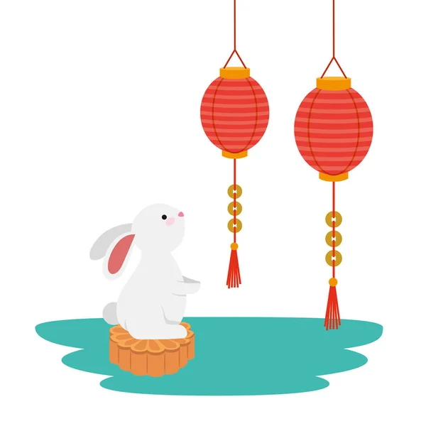 Mignon et petit lapin avec des lampes chinoises suspendues — Image vectorielle