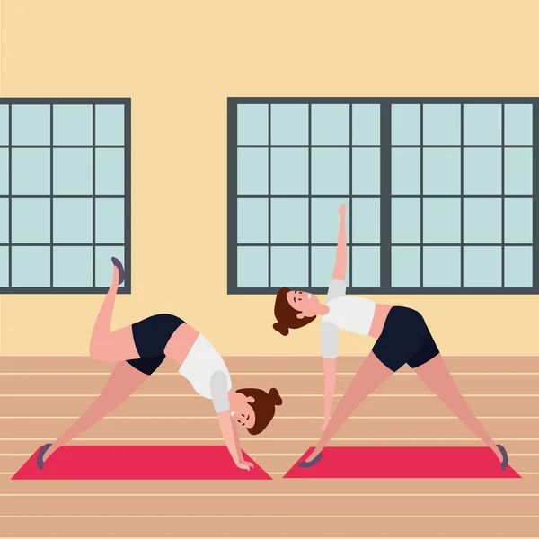 Meninas de beleza casal praticando pilates posição no ginásio — Vetor de Stock