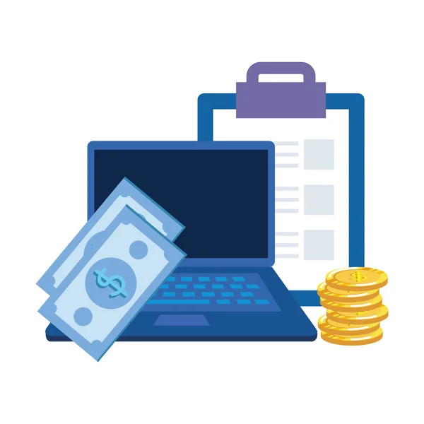 Dólares em dinheiro com checklist e laptop — Vetor de Stock