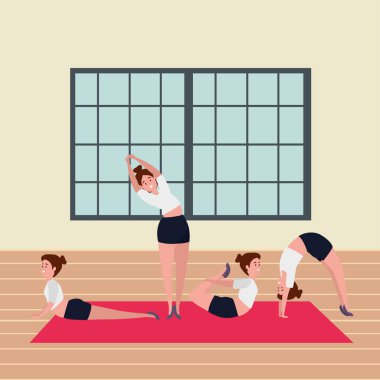 güzellik kızlar grubu spor salonunda pilates pozisyonu pratik