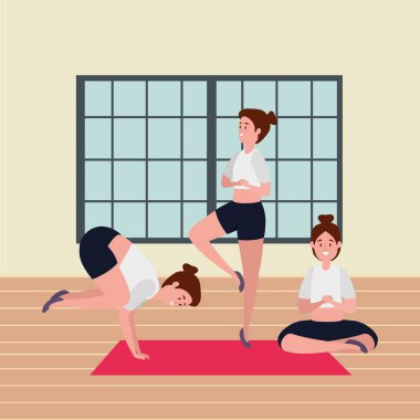 güzellik kızlar grubu spor salonunda pilates pozisyonu pratik