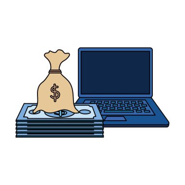 dizüstü bilgisayar ve çuval ile para dolar faturaları