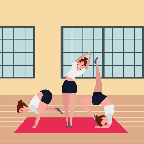 Schönheit Mädchen Gruppe praktiziert Pilates-Position in der Turnhalle — Stockvektor