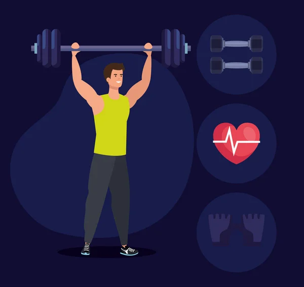 Fitness muž s váhou a zdravým cvičením — Stockový vektor