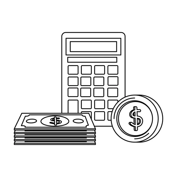 Moedas e notas dinheiro dólares com calculadora —  Vetores de Stock