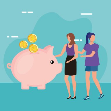 piggy tasarruf karakterleri ile genç kadınlar