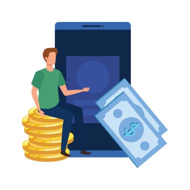 akıllı telefon ve para karakteri ile genç adam