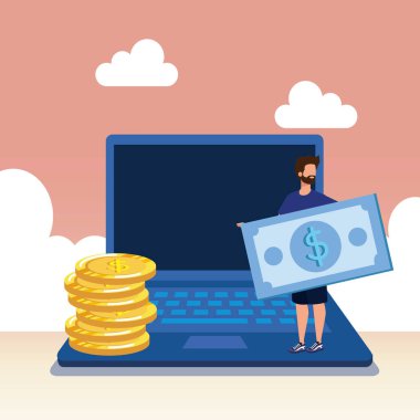 dizüstü bilgisayar ve para ile genç adam