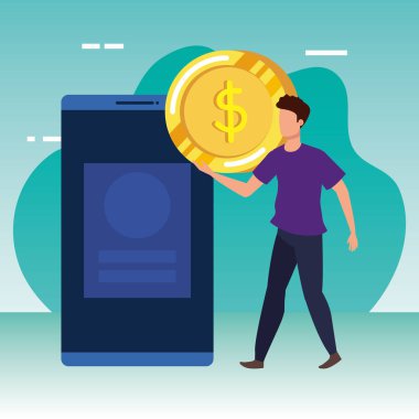 akıllı telefon ve para karakteri ile genç adam