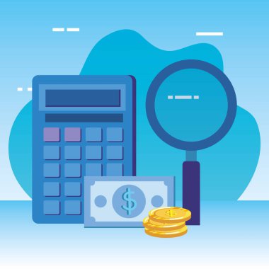 büyüteç ve para ile hesap makinesi matematik