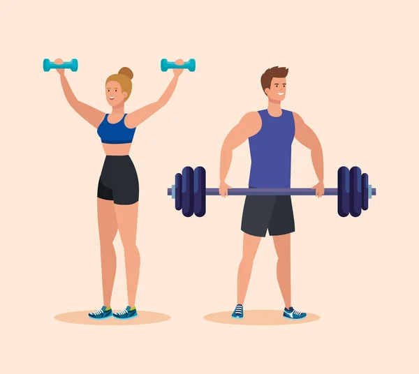 Woman with dumbbells activity and man with weight — Stock Vector