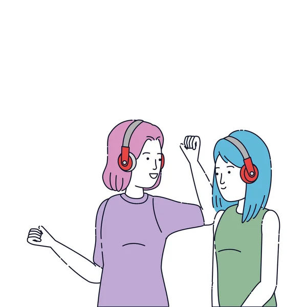 Νεαρά κορίτσια ακούν μουσική με ακουστικά και παίκτης — Διανυσματικό Αρχείο