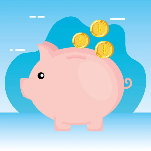 Piggy savings with coins money — Stock Vector