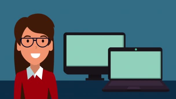 Educação on-line com menina estudante e animação desktop — Vídeo de Stock