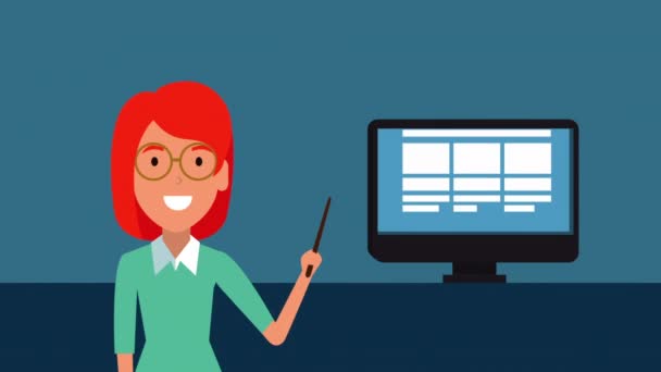 教育在线与学生女孩和桌面动画 — 图库视频影像