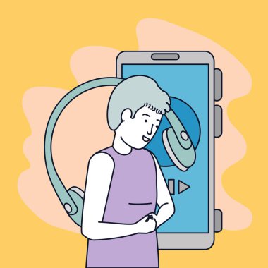 Kulaklığı ve akıllı telefonu olan genç bir adam.