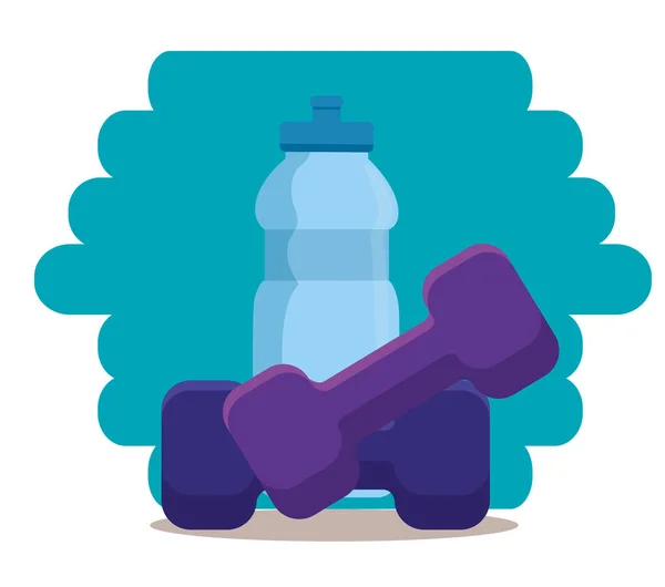 Botella de agua y mancuerna a la actividad deportiva — Vector de stock
