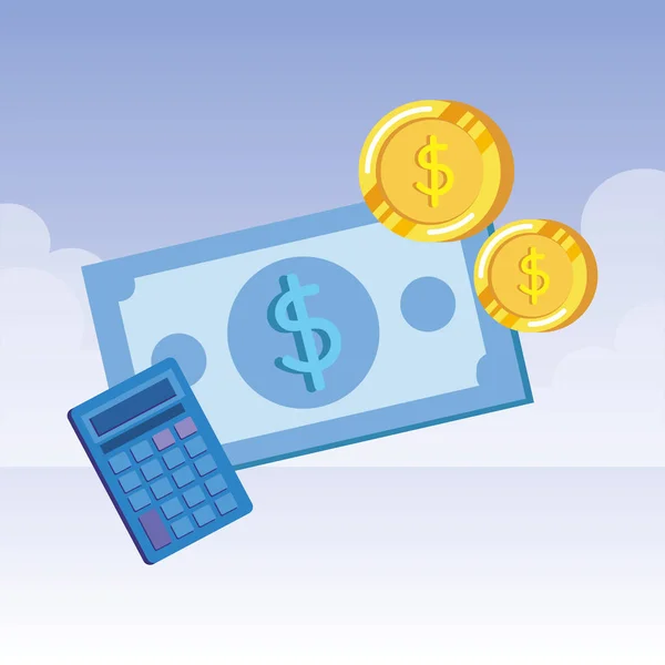 Mynt och räkningar pengar dollar med kalkylator — Stock vektor