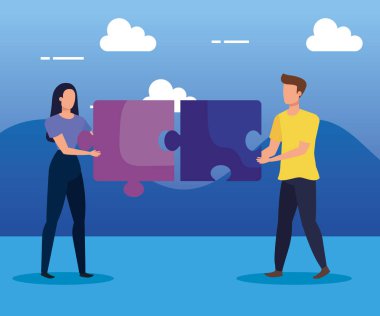 bulmacalar ve bulutlar ile kadın ve erkek takım çalışması