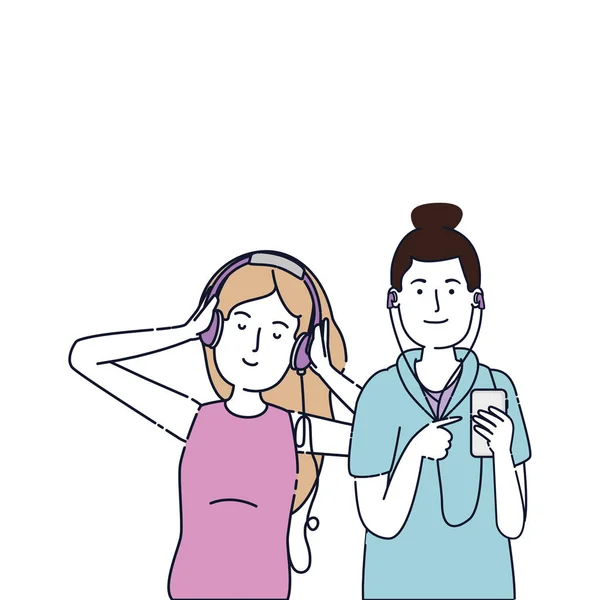 Chicas jóvenes escuchan música con auriculares y reproductor — Archivo Imágenes Vectoriales