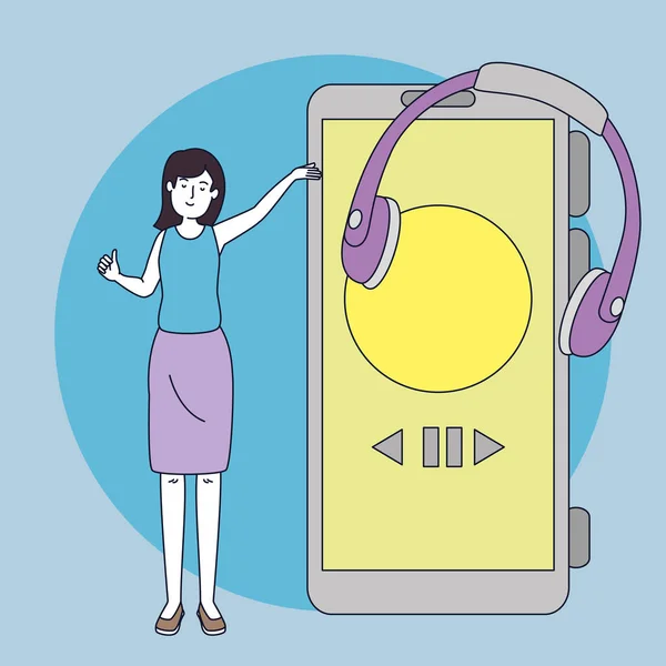 Kulaklık ve smartphone ile genç kadın — Stok Vektör