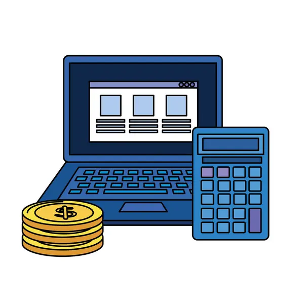 Munten geld dollars met laptop en Calculator — Stockvector