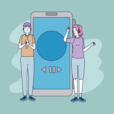 genç çift arkadaşlar akıllı telefon ile müzik dinlemek