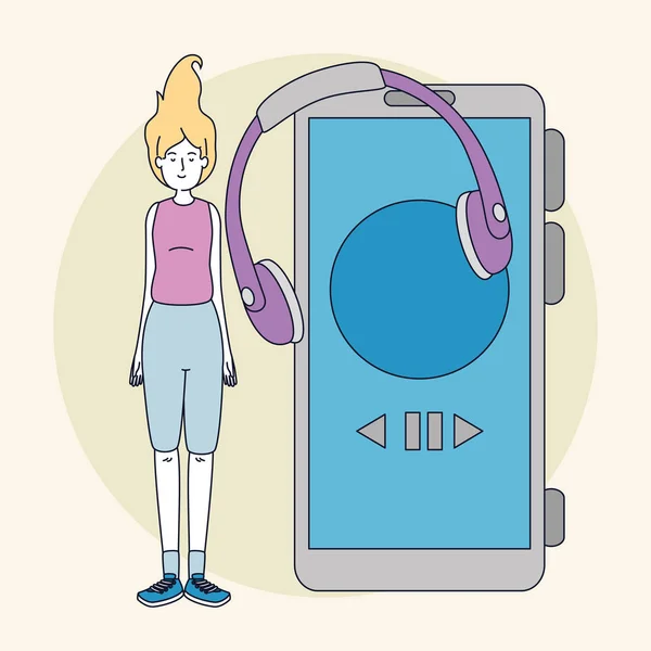 Jeune femme avec écouteurs et smartphone — Image vectorielle