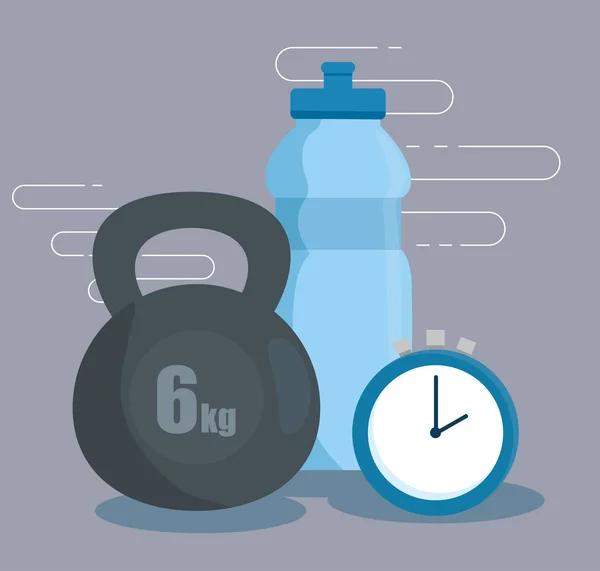 Láhev na vodu s činku a hodiny k cvičení — Stockový vektor