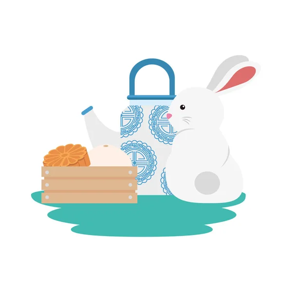 Rabbit with teapot and food in wooden box — Stock Vector