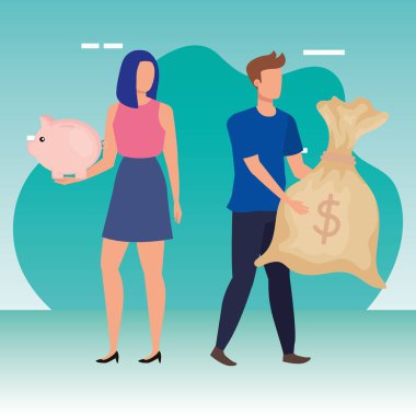 piggy ve para çuval karakterleri ile genç çift
