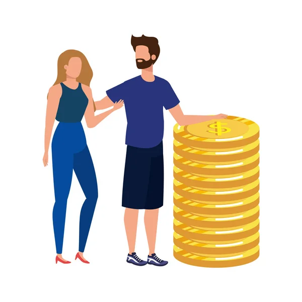 Mladý pár s mincemi peníze avatary postavy — Stockový vektor