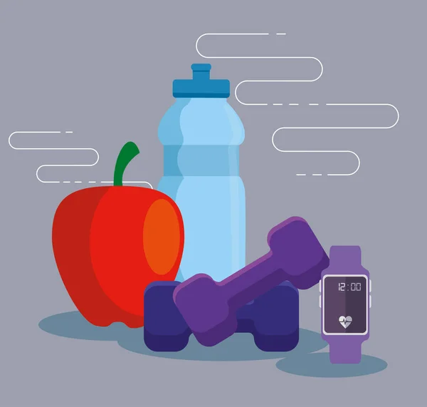 Láhev na vodu s jablečným ovocem a činkami s smartwatchem — Stockový vektor