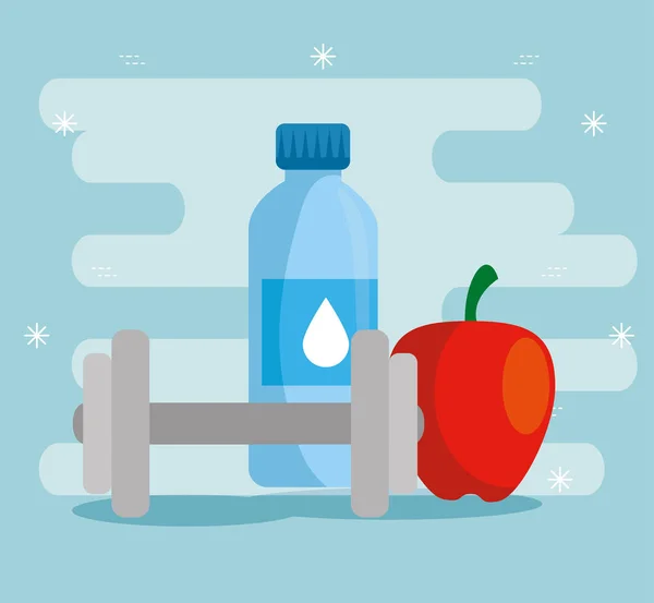 Φιάλη νερού με φρούτα και βάρος μήλου — Διανυσματικό Αρχείο