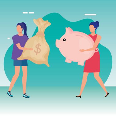 domuz tasarruf ve para çuval ile genç kadınlar