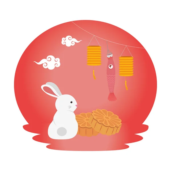 Cute and little rabbit with chinese lamps hanging — Stock Vector