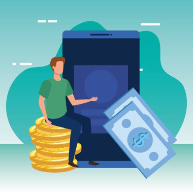 akıllı telefon ve para karakteri ile genç adam