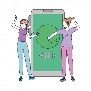 genç kızlar kulaklık ve akıllı telefon ile müzik dinlemek