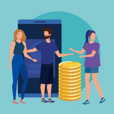 akıllı telefon ve sikke ile insanların grup