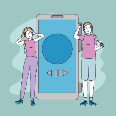 genç çift arkadaşlar akıllı telefon ile müzik dinlemek