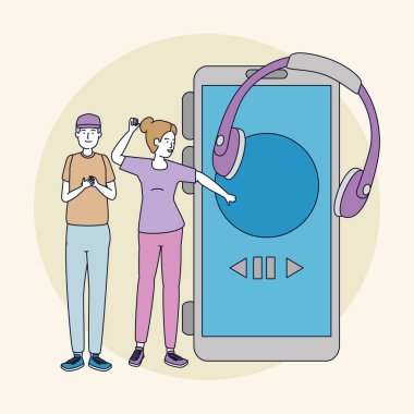 genç çift arkadaşlar akıllı telefon ile müzik dinlemek