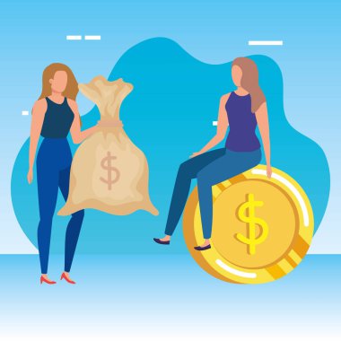 sikke ve para çuval dolar ile genç kadınlar