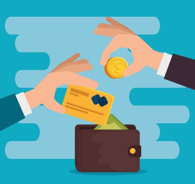 kredi kartı ve cüzdan ile sikke ile eller