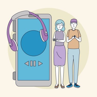 genç çift arkadaşlar akıllı telefon ile müzik dinlemek