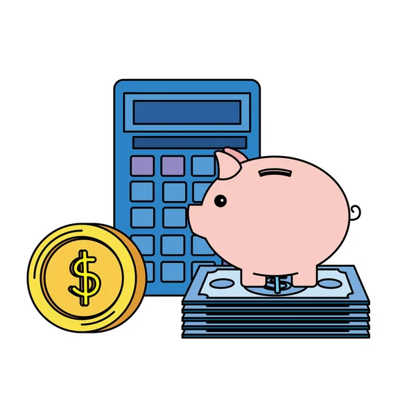Piggy tasarruf ve para ile hesap makinesi — Stok Vektör