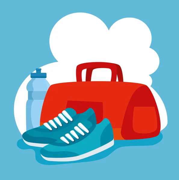 Botella de agua con bolsa y zapatos para ejercitar la actividad — Vector de stock