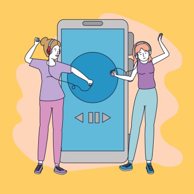 genç kızlar kulaklık ve akıllı telefon ile müzik dinlemek