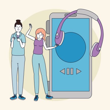 genç kızlar kulaklık ve akıllı telefon ile müzik dinlemek
