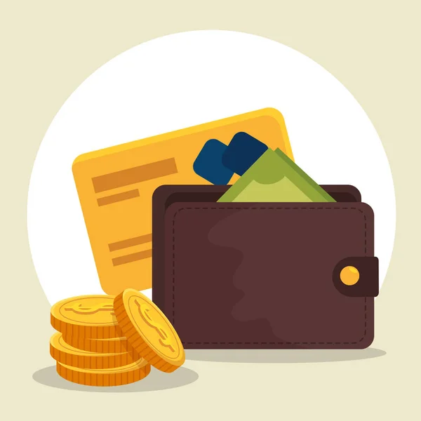 Facturas dinheiro dentro da carteira com cartão de crédito e moedas —  Vetores de Stock