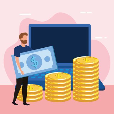 para ve dizüstü bilgisayar ile genç adam